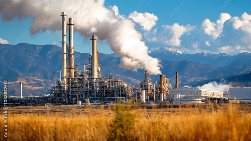 Industrial complex emitting smoke under a clear blue sky with mountain backdrop. Industrial complex emitting smoke under a clear blue sky with mountain backdrop.
