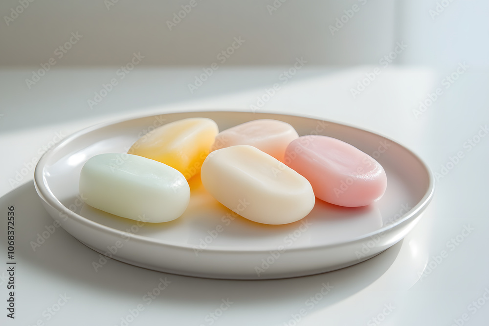 Elegant display of Korean tteok: Sweet rice cakes in various shapes and soft pastel shades Elegant display of Korean tteok: Sweet rice cakes in various shapes and soft pastel shades