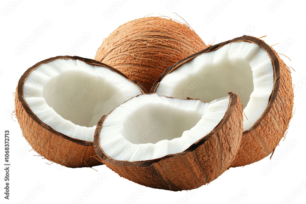 Fresh coconut halves on a pure highlighting their natural texture Fresh coconut halves on a pure highlighting their natural texture