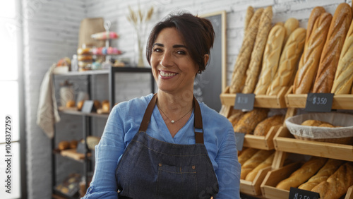 Hispanic woman working happily in a beautifully arranged bakery with fresh bread and pastries neatly displayed on shelves in the background photo