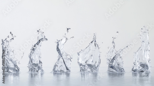 A sequence of clear water splashes against white background