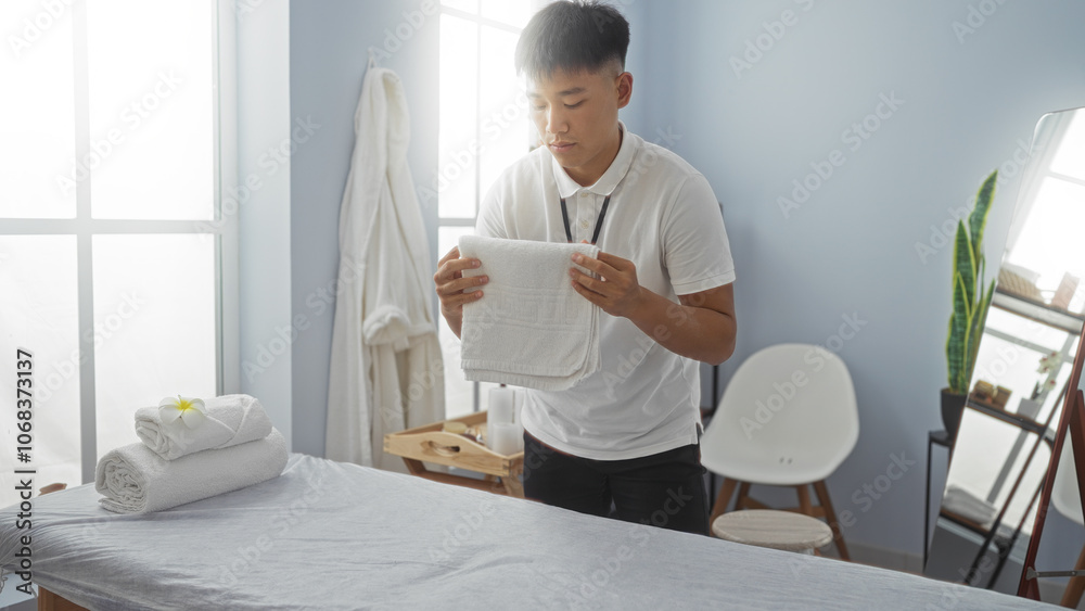 Young chinese man at a wellness center arranging towels in a serene spa room with white walls, a massage table, and natural light from large windows. Young chinese man at a wellness center arranging towels in a serene spa room with white walls, a massage table, and natural light from large windows.