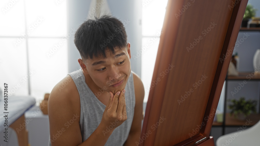 Young man in a spa room thoughtfully looking at his reflection in the mirror of a beauty center with a modern interior Young man in a spa room thoughtfully looking at his reflection in the mirror of a beauty center with a modern interior