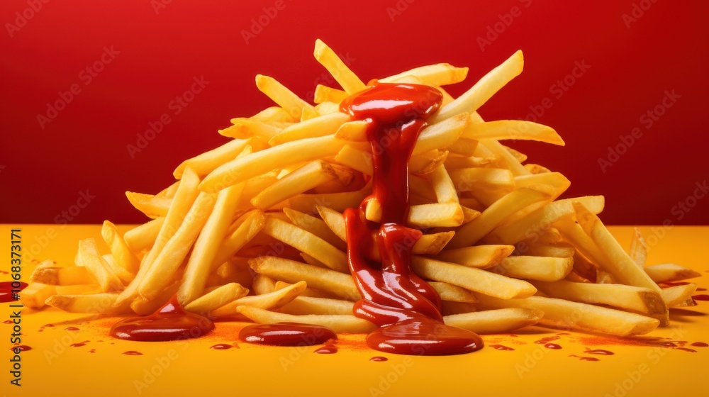 A dramatic splash of vibrant ketchup cascades over a large pile of crispy golden fries on a bright yellow surface against a bold red background. A dramatic splash of vibrant ketchup cascades over a large pile of crispy golden fries on a bright yellow surface against a bold red background.