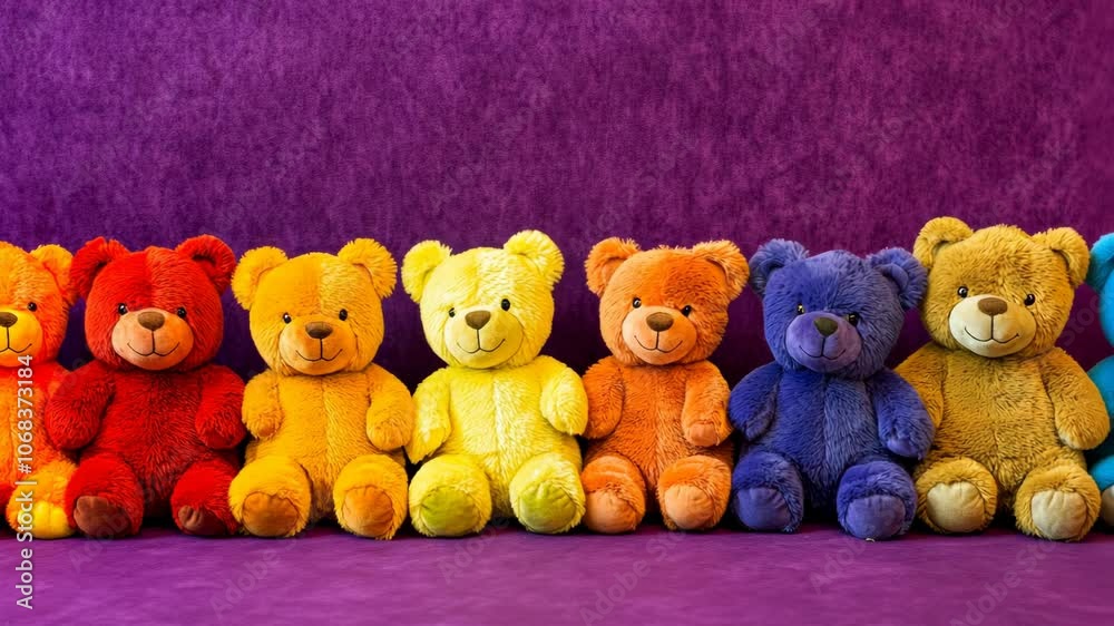 A row of colorful teddy bears sits on a purple background