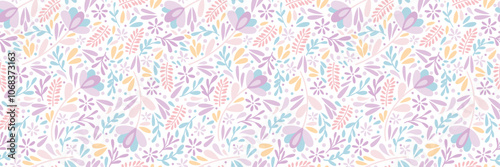 Cute floral banner, seamless vector repeat pattern, ditsy flower print colorful spring horizontal background or cover design