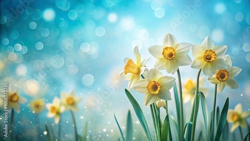 Minimal Light Blue Spring Background with Daffodils in Bokeh Effect for a Fresh, Serene Aesthetic