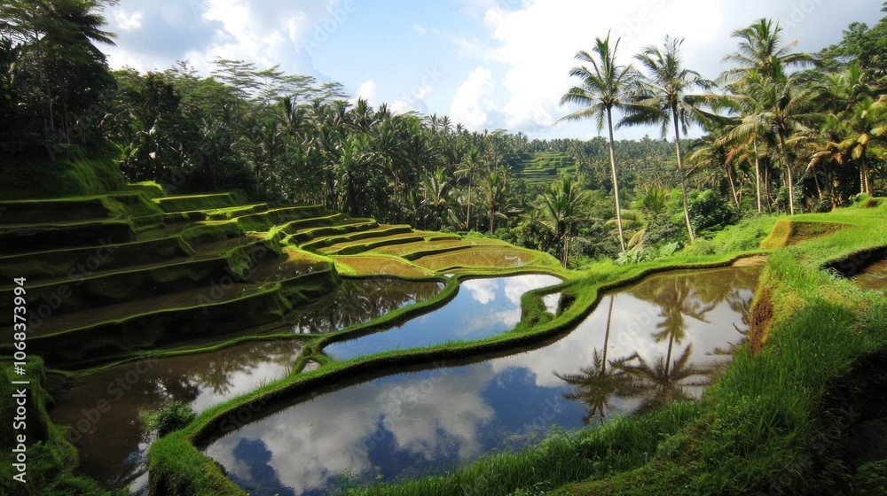 A tranquil rice terrace in Asia, lush green layers reflecting the sky A tranquil rice terrace in Asia, lush green layers reflecting the sky