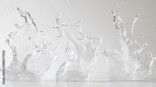 A sequence of clear water splashes against white background