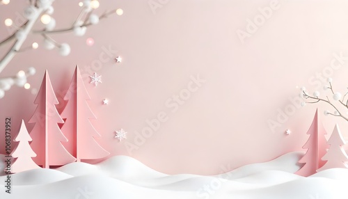 Minimalist Christmas background with soft pastel colors, simple Christmas tree shapes, and delicate snowflakes scattered across a clean background.