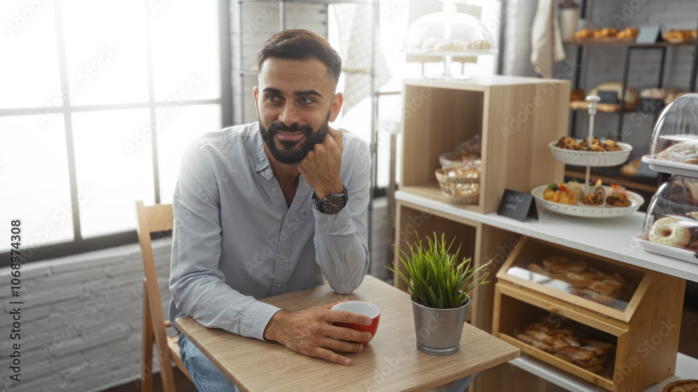 Handsome young man enjoying coffee in a cozy bakery, surrounded by fresh pastries and modern decor, with a thoughtful expression and a cheerful ambiance.