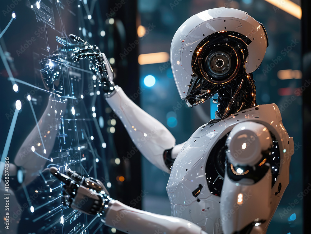 © Q STOCK - Man using tools AI. technology smart robot science and artificial intelligence technology, and innovation futuristic and global connection for providing access to information and data online network