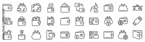 Set of 30 outline icons related to wallet. Linear icon collection. Editable stroke. Vector illustration