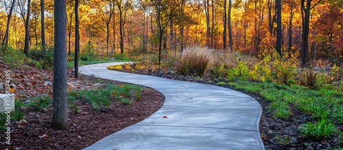 Panel kuchenny z motywem A winding concrete path leads through a scenic autumn forest, with vibrant foliage adding color to the landscape.
