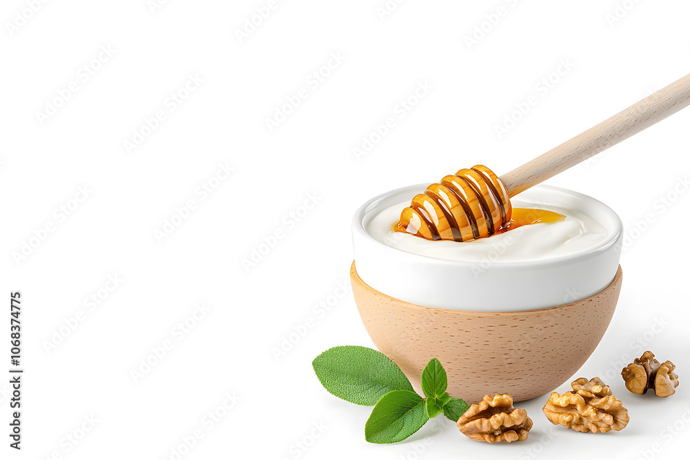 White bowl of Greek yogurt topped with honey and walnuts, isolated on white background White bowl of Greek yogurt topped with honey and walnuts, isolated on white background