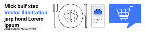 Fork, knife, brain on a plate, smartphone with audio app, speech bubble with shopping cart. Ideal for technology, education, online shopping, food industry, communication, user interface, modern