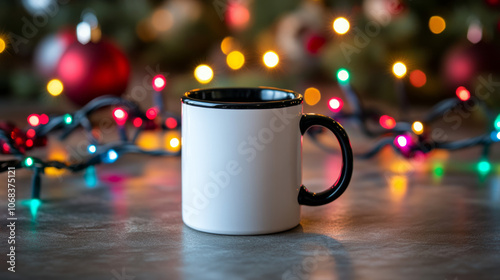 Mock-up of a white enameled mug with black edged rim