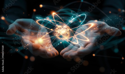 Ethereal depiction of quantum energy emanating from outstretched hands. The atomic orbits glow vibrantly, representing power, mystery, and the connection between science and spirituality