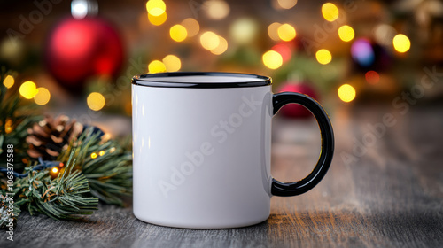 Mock-up of a white enameled mug with black edged rim