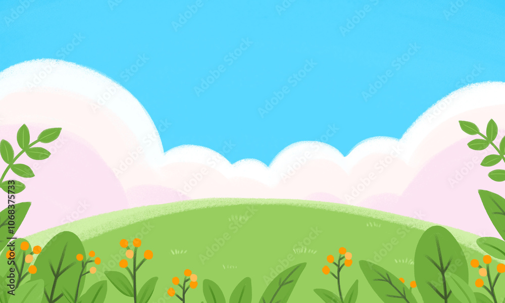 Naklejka premium spring outdoor blue sky grassland landscape illustration