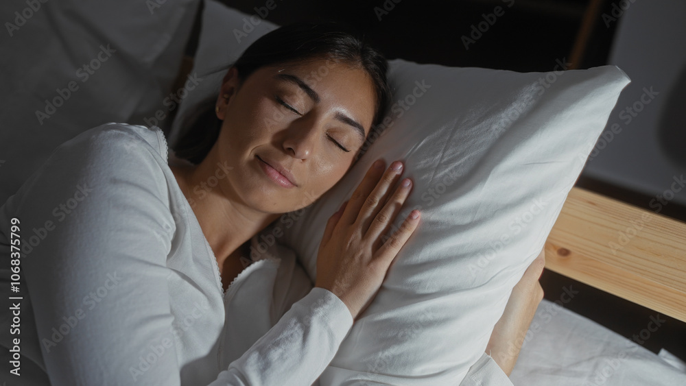Woman sleeping peacefully on white pillow in bedroom with dim lighting at home. Woman sleeping peacefully on white pillow in bedroom with dim lighting at home.
