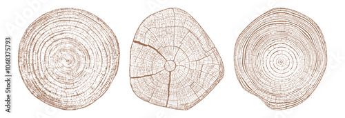 Tree wood texture. Wooden old trunk. Cut timber log. Abstract rings nature pattern. Brown circle stump. Wood cross section. Set vector illustration. EPS 10.