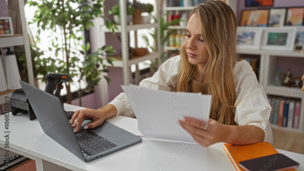 Young blonde woman using laptop at home decor shop while holding documents in a beautifully organized interior Young blonde woman using laptop at home decor shop while holding documents in a beautifully organized interior