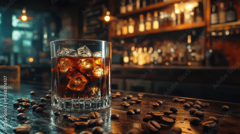 A close-up of a whiskey drink with ice and coffee beans on a rustic bar at night A close-up of a whiskey drink with ice and coffee beans on a rustic bar at night