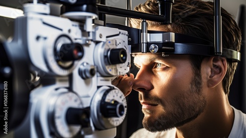 A man undergoes a meticulous eye examination with state-of-the-art optical equipment, highlighting precision and care in vision health.