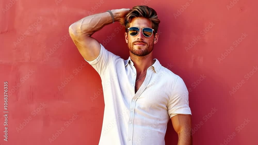 A man in a white button-down shirt stands in front of a red wall while wearing sunglasses A man in a white button-down shirt stands in front of a red wall while wearing sunglasses
