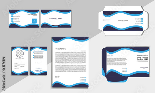 Minimal creative modern simple organic corporate brand office stationary design set template including business card, ID Card, Letterhead, envelope, file folder.