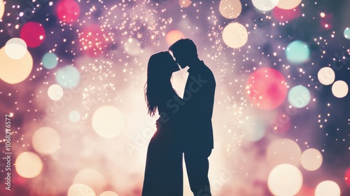 A loving couple shares a kiss silhouetted against a vibrant background of colorful lights during a festive evening