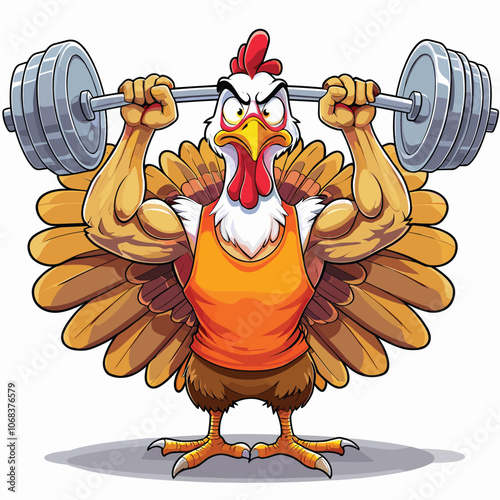 Muscular cartoon rooster lifting weights, humorous illustration, perfect sports poster