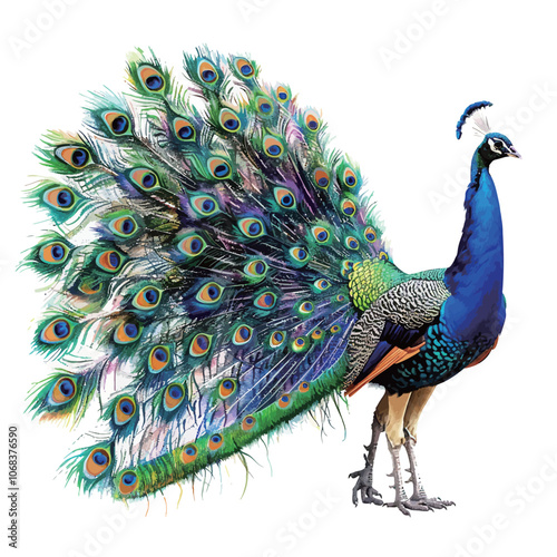 Peacock with feathers isolated on white background. 3d rendering 