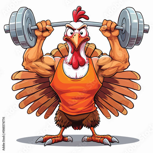 Muscular turkey cartoon lifting weights, vibrant illustration, fitness motivation poster