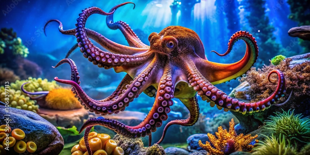 Giant Octopus Spreading Tentacles Across Glass Aquarium Wall, Captivating View of Marine Life, Vibrant Colors, Underwater Scene, Perfect for Nature Enthusiasts and Aquatic Displays Giant Octopus Spreading Tentacles Across Glass Aquarium Wall, Captivating View of Marine Life, Vibrant Colors, Underwater Scene, Perfect for Nature Enthusiasts and Aquatic Displays