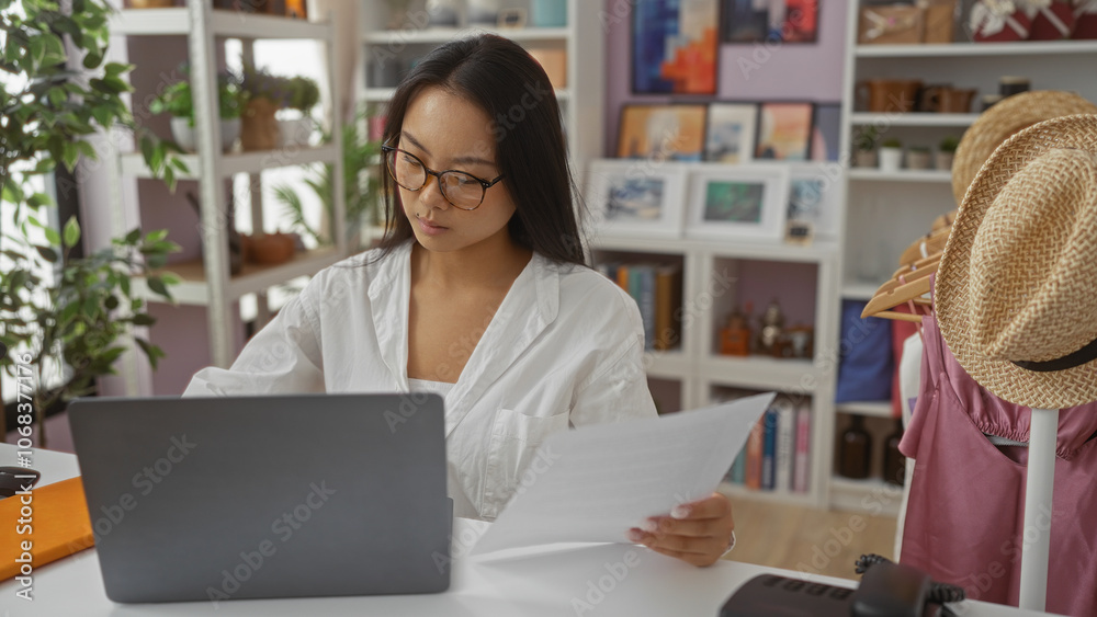 Young chinese woman working on a laptop while holding documents in a decorated indoor home decor shop with shelves of plants and various artworks in the background Young chinese woman working on a laptop while holding documents in a decorated indoor home decor shop with shelves of plants and various artworks in the background