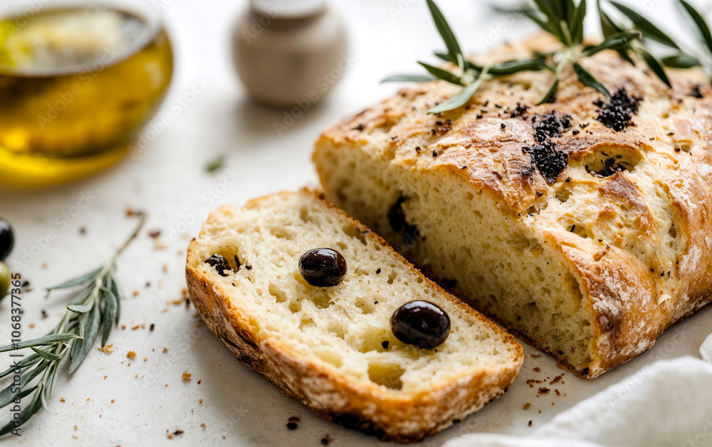 Sliced olive bread with rosemary and olive oil on white background Sliced olive bread with rosemary and olive oil on white background