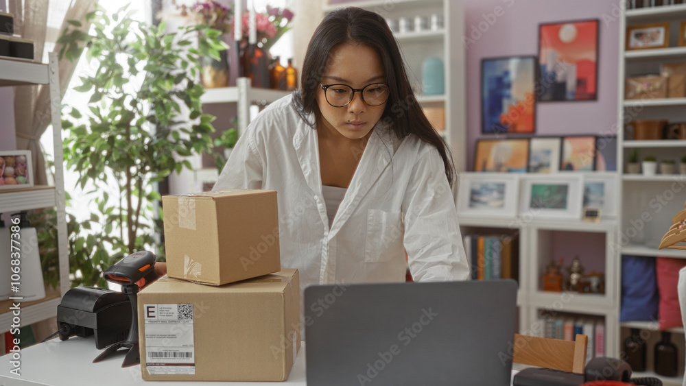 Woman packing boxes in a home decor store, surrounded by plants and framed art, focusing on her laptop screen Woman packing boxes in a home decor store, surrounded by plants and framed art, focusing on her laptop screen