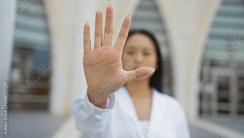 Valokuva Woman outdoors making stop gesture on city street in urban environment during daytime emphasizing personal boundary
