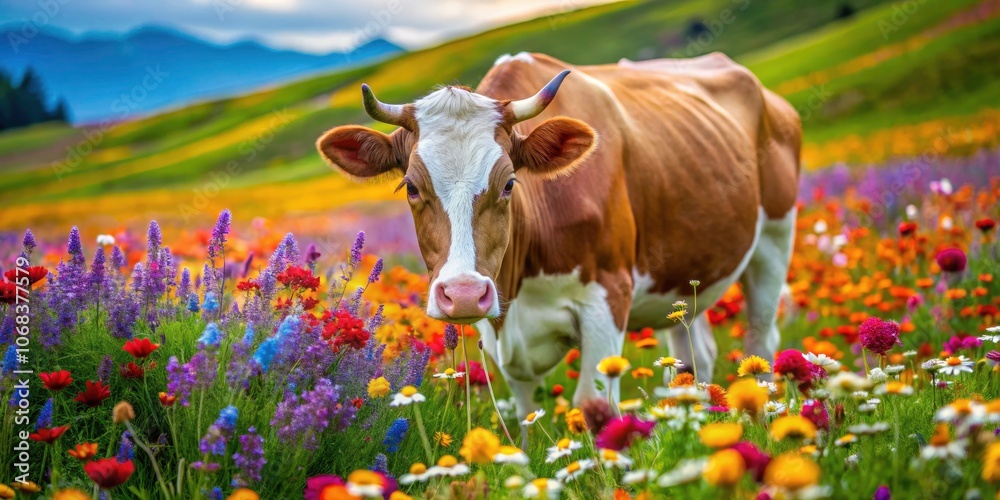 Serene Cow Grazing in a Vibrant Flower Meadow – Peaceful Livestock, Nature's Beauty, Colorful Landscape, Tranquil Scene, Rural Life, Floral Pastures, Pastoral Bliss, Animal Harmony Serene Cow Grazing in a Vibrant Flower Meadow – Peaceful Livestock, Nature's Beauty, Colorful Landscape, Tranquil Scene, Rural Life, Floral Pastures, Pastoral Bliss, Animal Harmony