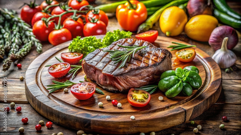 Gourmet Steak Plated on Rustic Wooden Board Surrounded by Fresh Seasonal Vegetables for Culinary Enthusiasts and Food Lovers Gourmet Steak Plated on Rustic Wooden Board Surrounded by Fresh Seasonal Vegetables for Culinary Enthusiasts and Food Lovers