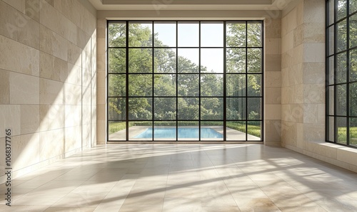 Modern interior of an empty room with large windows and light wood flooring. The walls are made from sandstone cladding, and a light blue pool is visible outside the window