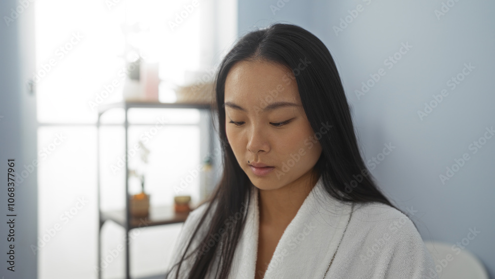 Woman relaxing in a serene spa room wearing a white robe, with shelves holding potted plants in the background, creating a calming and attractive wellness setting indoors. Woman relaxing in a serene spa room wearing a white robe, with shelves holding potted plants in the background, creating a calming and attractive wellness setting indoors.