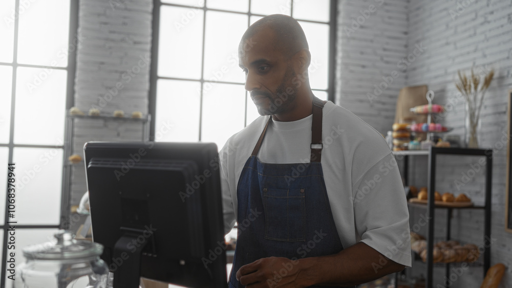 Young man working in a bakery shop interior, focused on a computer while dressed in an apron, with shelves displaying various baked goods behind him. Young man working in a bakery shop interior, focused on a computer while dressed in an apron, with shelves displaying various baked goods behind him.