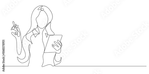 business woman using digital tablet one line drawing continuous