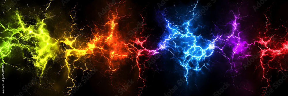 Fototapeta premium Multi-colored lightning, panorama wallpaper, the beauty of natural phenomena