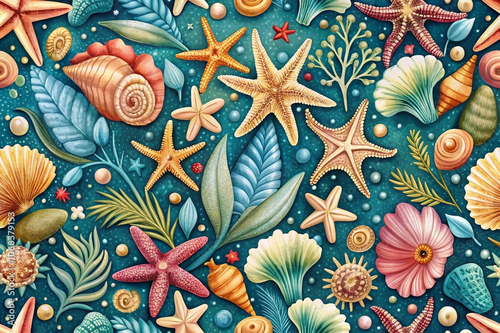 Hand Drawn Seamless Marine Illustration of Sea Stars, Shells, and Underwater Elements for Fabric, Wallpaper, and Textile Design - Perfect for Bedding, T-Shirts, and Wrapping Paper Hand Drawn Seamless Marine Illustration of Sea Stars, Shells, and Underwater Elements for Fabric, Wallpaper, and Textile Design - Perfect for Bedding, T-Shirts, and Wrapping Paper