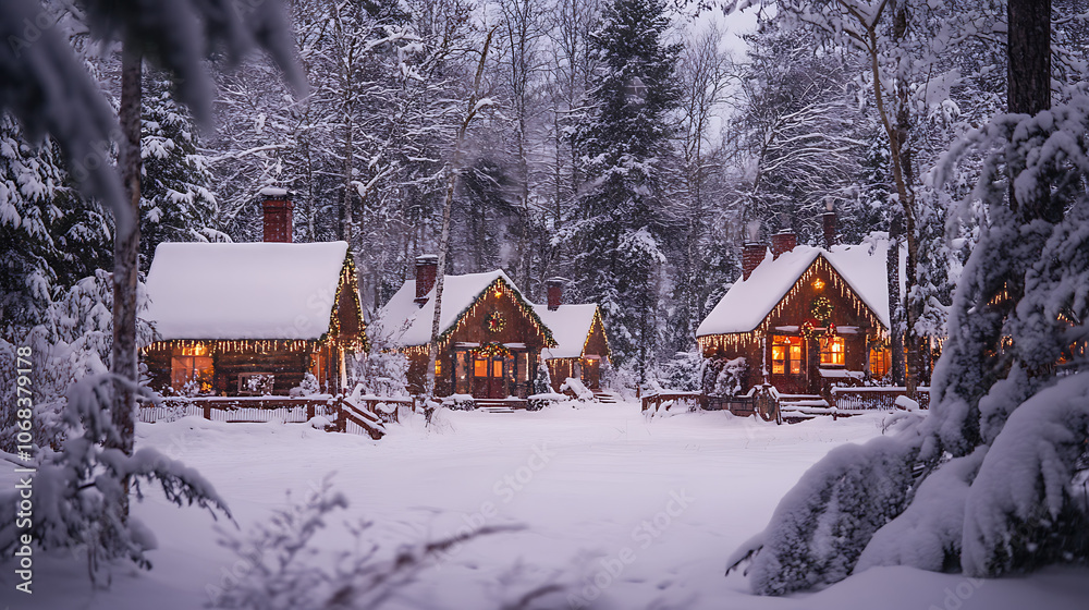 A charming Christmas village nestled in a snow-covered forest, with cozy cottages adorned with twinkling lights and smoke rising from chimneys A charming Christmas village nestled in a snow-covered forest, with cozy cottages adorned with twinkling lights and smoke rising from chimneys