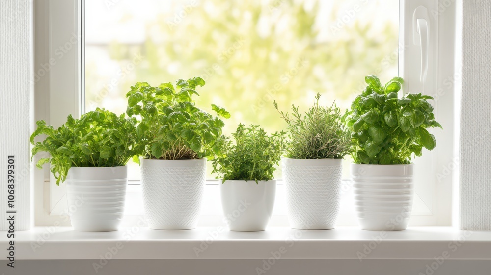 Fototapeta premium Bright kitchen filled with fresh herbs, creating a vibrant and inviting cooking atmosphere.